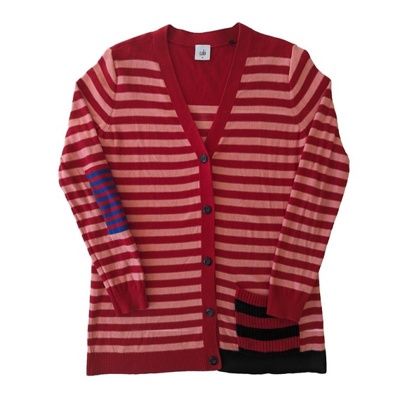 Cabi Sweater Womens Medium Cardigan Pink and Red Striped Picnic Button Down‎ - Picture 1 of 9